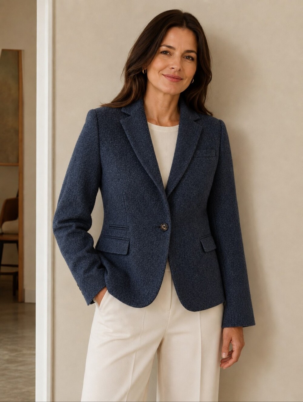 Massimo Dutti Wool Tweed Navy Tailored Blazer 8